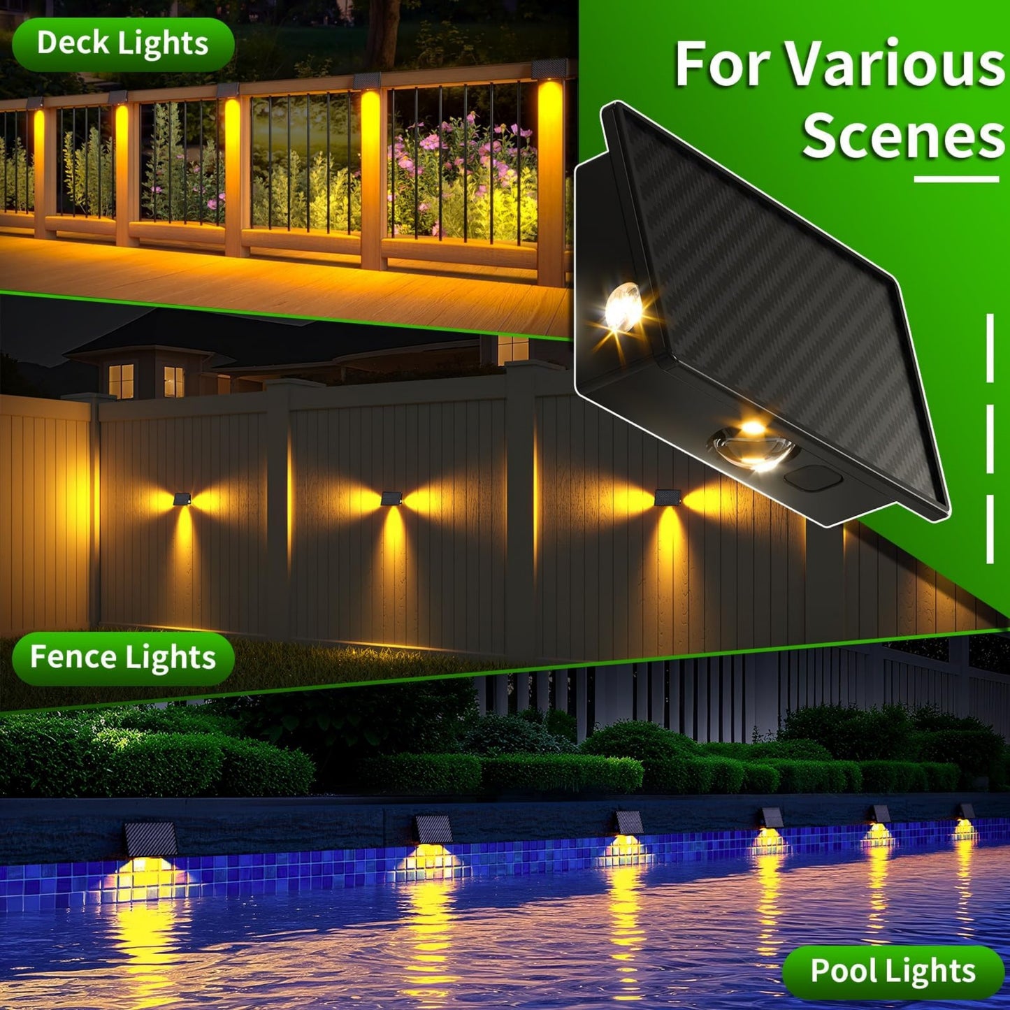 MEHOOM Solar Deck/Fence Lights Outdoor, 3000K 5 Modes LED Waterproof Solar Powered Outdoor lights, Solar Lights for Outside Wall/Step/Stairs/Railing,Backyard Patio Pathway Garden Décor 6 Pack