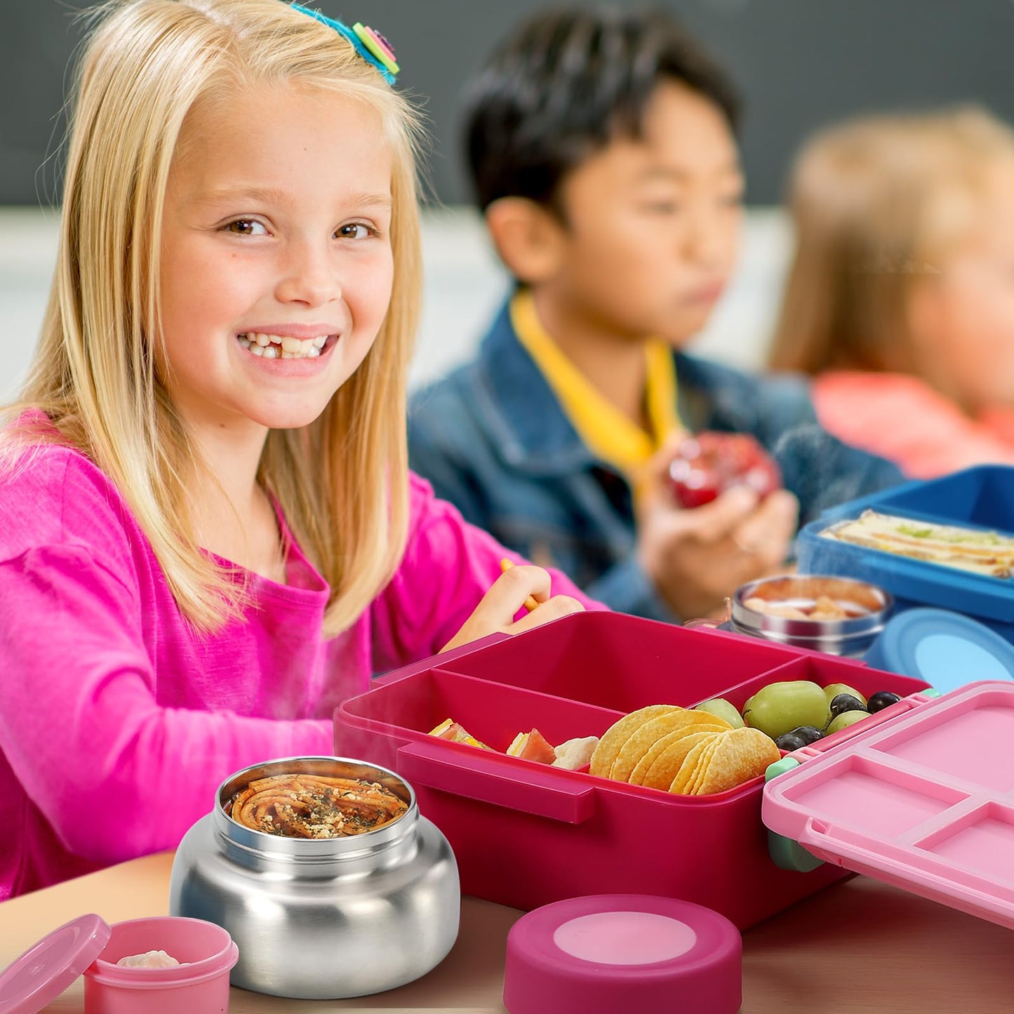 MEHOOM Kids Lunch Box, Leakproof Bento Box for kids with 4 Compartments & 18oz Soup Thermos for Hot Food, kids Insulated Lunch Box Durable, Drop-Proof, BPA-Free Materials (Pink Mermaid)