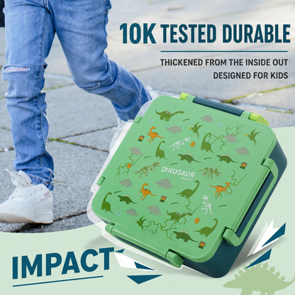 MEHOOM Kids Lunch Box, Leakproof Bento Box for kids with 4 Compartments & 18oz Soup Thermos for Hot Food, kids Insulated Lunch Box Durable, Drop-Proof, BPA-Free Materials (Green Dinosaur)