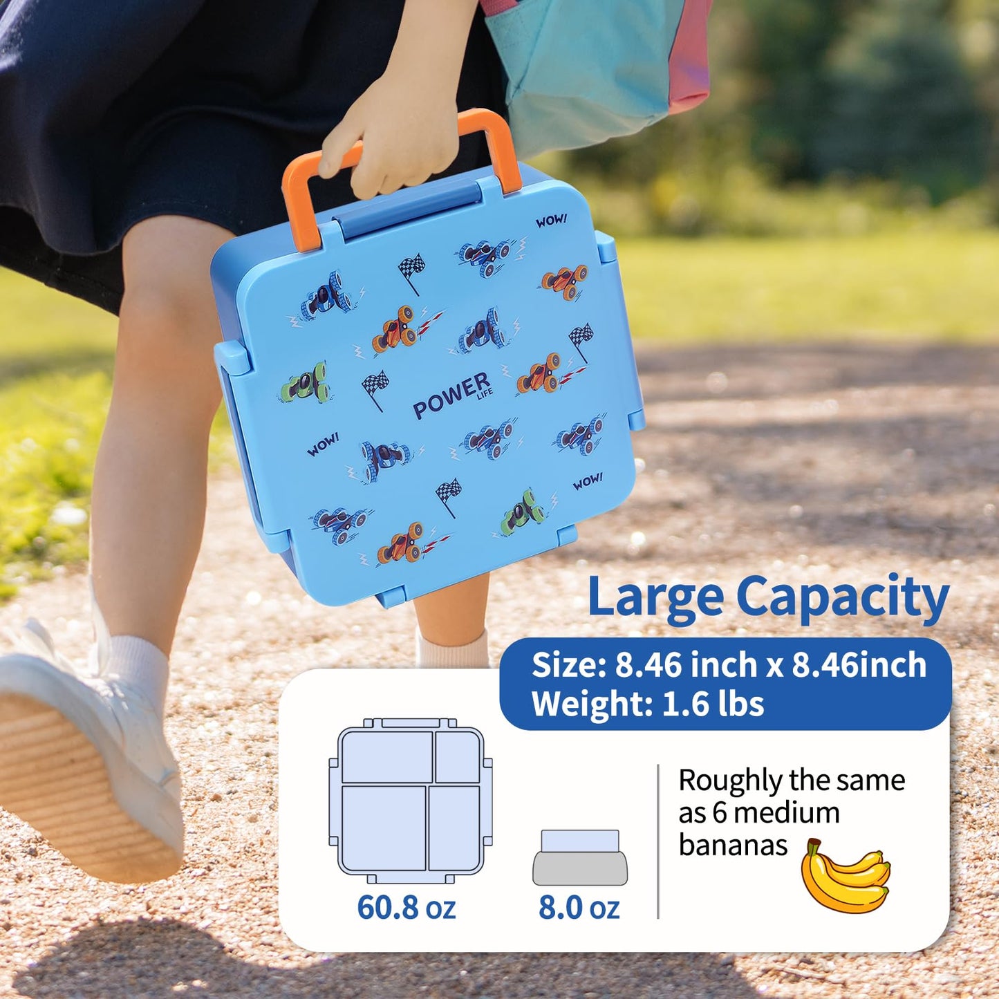 MEHOOM Kids Lunch Box, Leakproof Bento Box for kids with 4 Compartments & 18oz Soup Thermos for Hot Food, kids Insulated Lunch Box Durable, Drop-Proof,BPA-Free Materials(Bule Racing)