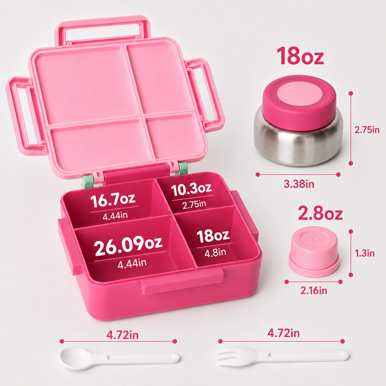 MEHOOM Kids Lunch Box, Leakproof Bento Box for kids with 4 Compartments & 18oz Soup Thermos for Hot Food, kids Insulated Lunch Box Durable, Drop-Proof, BPA-Free Materials (Pink Mermaid)