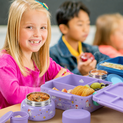 MEHOOM Kids Lunch Box, Leakproof Bento Box for kids with 4 Compartments & 18oz Soup Thermos for Hot Food, kids Insulated Lunch Box Durable, Drop-Proof, BPA-Free Materials(Purple Unicorn)