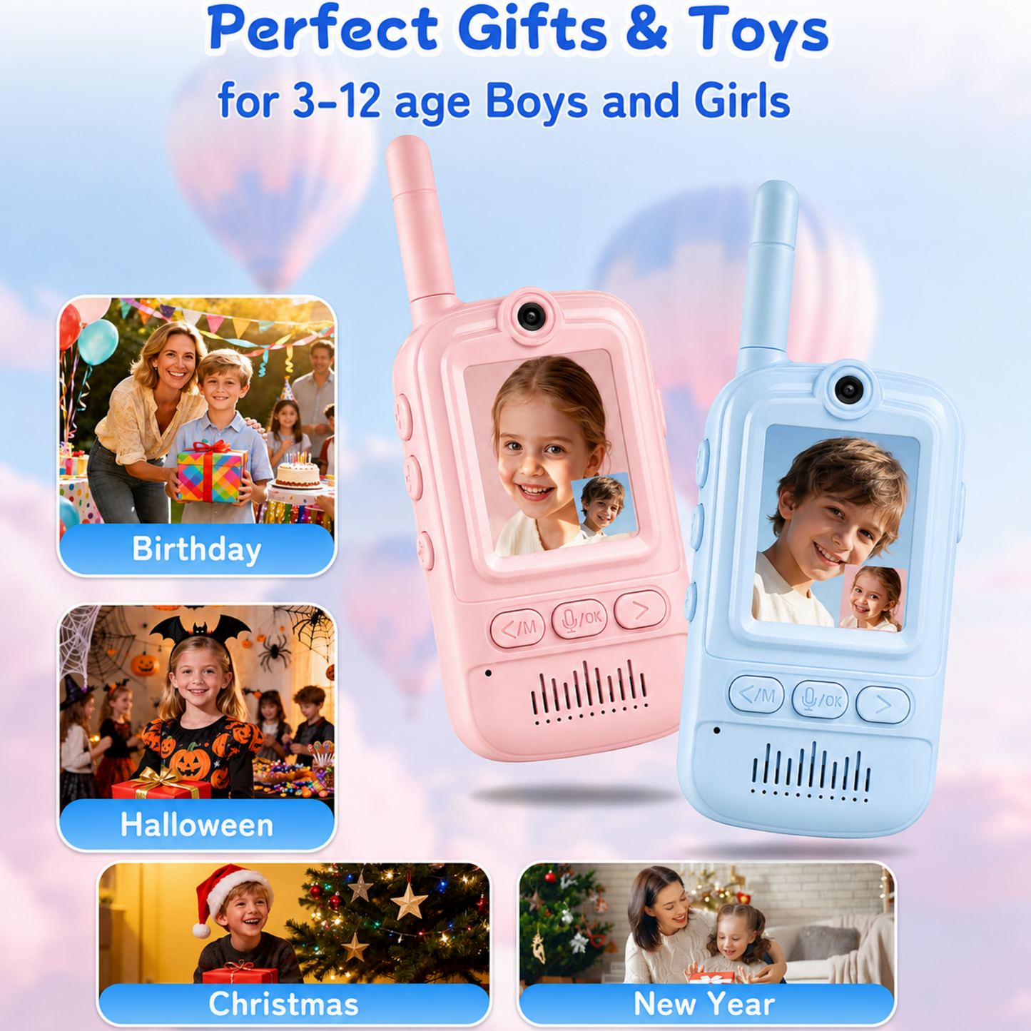 Multifunctional Video Walkie Talkies for Kids, Rechargeable Walkie Talkies with Camera & Message Storage, Long-Range Two-Way Radios for Indoor Outdoor Play, Boys & Girls Ages 3–12(Blue/Pink)
