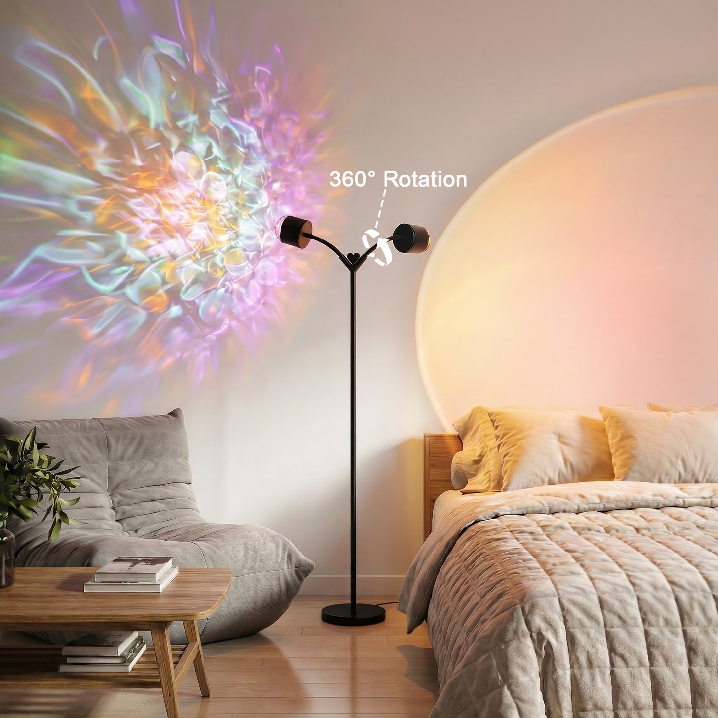 MEHOOM  Double-Headed Floor Lamp , 360°Rotating Sunset Lamp Ambiance Comes with 7 Color Swatches,  Modern Floor Stand Night Light for Living Rooms, Bedrooms & Offices