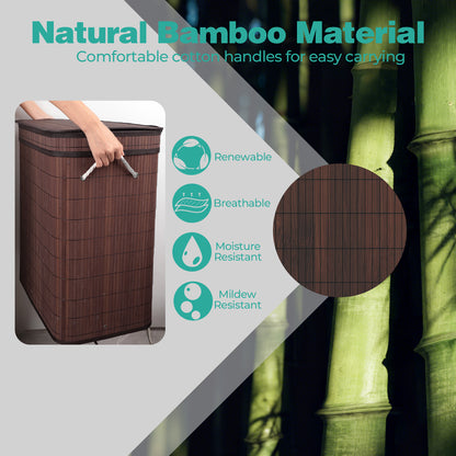 MEHOOM 100L Bamboo Laundry Hamper with Lid, Foldable Clothes Basket for Bedroom, Laundry Room, Small Spaces (Brown)