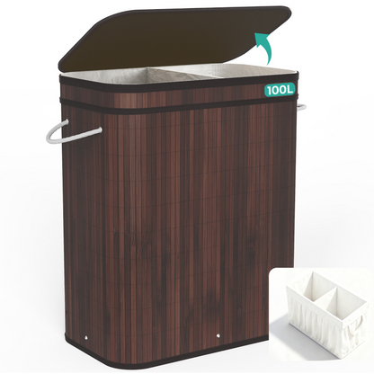 MEHOOM 100L Bamboo Laundry Hamper with Lid, Foldable Clothes Basket for Bedroom, Laundry Room, Small Spaces (Brown)
