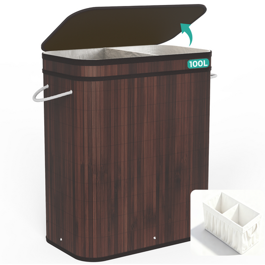 MEHOOM 100L Bamboo Laundry Hamper with Lid, Foldable Clothes Basket for Bedroom, Laundry Room, Small Spaces (Brown)