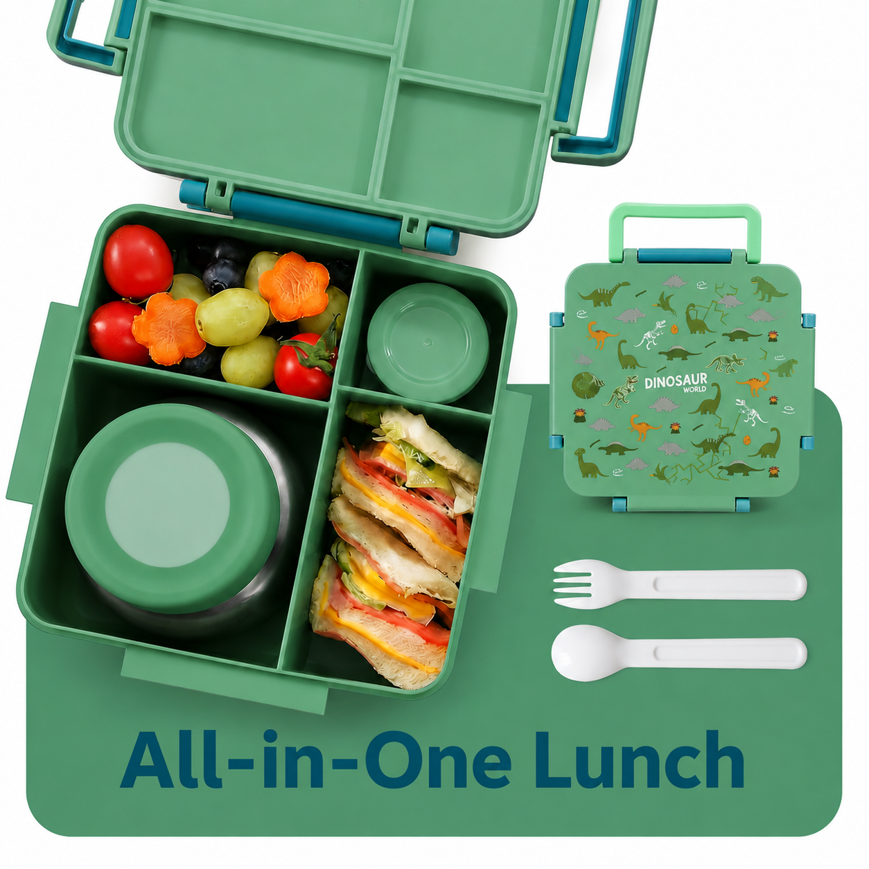 MEHOOM Kids Lunch Box, Leakproof Bento Box for kids with 4 Compartments & 18oz Soup Thermos for Hot Food, kids Insulated Lunch Box Durable, Drop-Proof, BPA-Free Materials (Green Dinosaur)