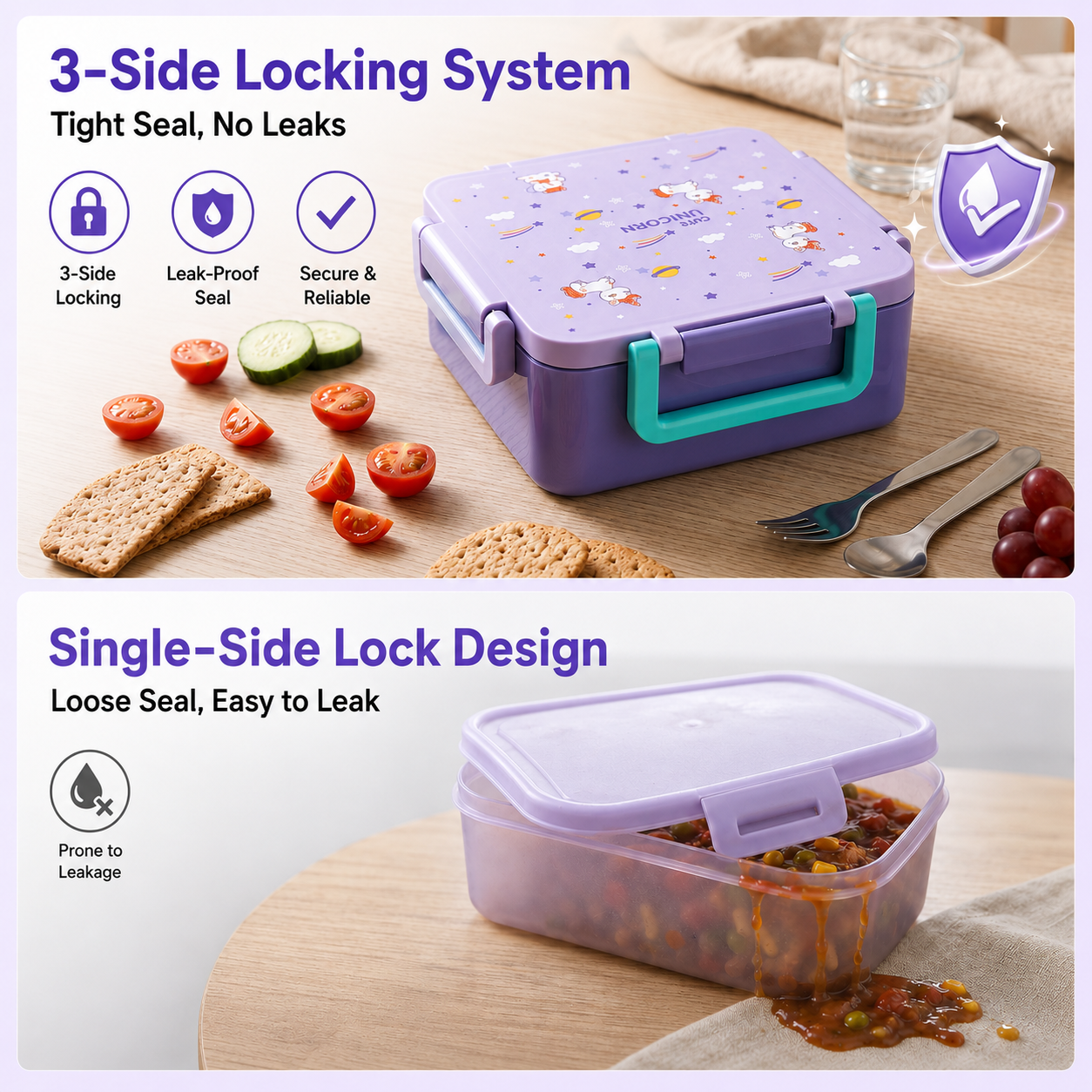 MEHOOM Kids Lunch Box, Leakproof Bento Box for kids with 4 Compartments & 18oz Soup Thermos for Hot Food, kids Insulated Lunch Box Durable, Drop-Proof, BPA-Free Materials(Purple Unicorn)