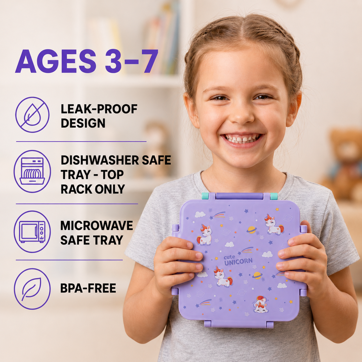 MEHOOM Kids Lunch Box, Leakproof Bento Box for kids with 4 Compartments & 18oz Soup Thermos for Hot Food, kids Insulated Lunch Box Durable, Drop-Proof, BPA-Free Materials(Purple Unicorn)