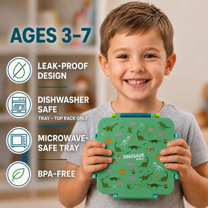MEHOOM Kids Lunch Box, Leakproof Bento Box for kids with 4 Compartments & 18oz Soup Thermos for Hot Food, kids Insulated Lunch Box Durable, Drop-Proof, BPA-Free Materials (Green Dinosaur)