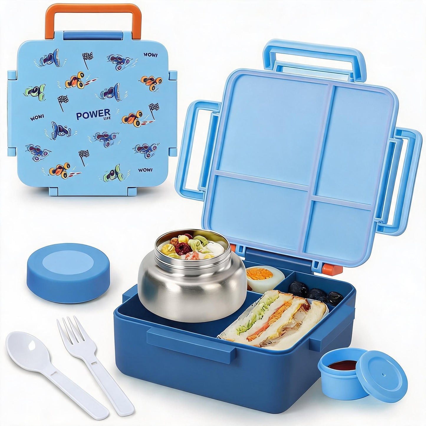 MEHOOM Kids Lunch Box, Leakproof Bento Box for kids with 4 Compartments & 18oz Soup Thermos for Hot Food, kids Insulated Lunch Box Durable, Drop-Proof,BPA-Free Materials(Bule Racing)
