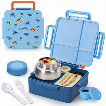 MEHOOM Kids Lunch Box, Leakproof Bento Box for kids with 4 Compartments & 18oz Soup Thermos for Hot Food, kids Insulated Lunch Box Durable, Drop-Proof,BPA-Free Materials(Bule Racing)