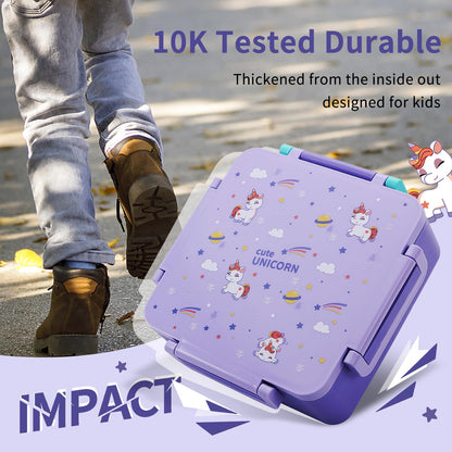 MEHOOM Kids Lunch Box, Leakproof Bento Box for kids with 4 Compartments & 18oz Soup Thermos for Hot Food, kids Insulated Lunch Box Durable, Drop-Proof, BPA-Free Materials(Purple Unicorn)
