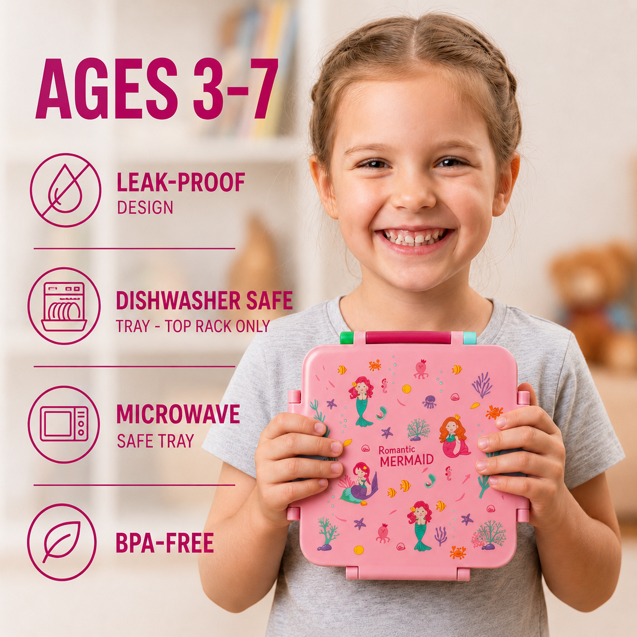 MEHOOM Kids Lunch Box, Leakproof Bento Box for kids with 4 Compartments & 18oz Soup Thermos for Hot Food, kids Insulated Lunch Box Durable, Drop-Proof, BPA-Free Materials (Pink Mermaid)