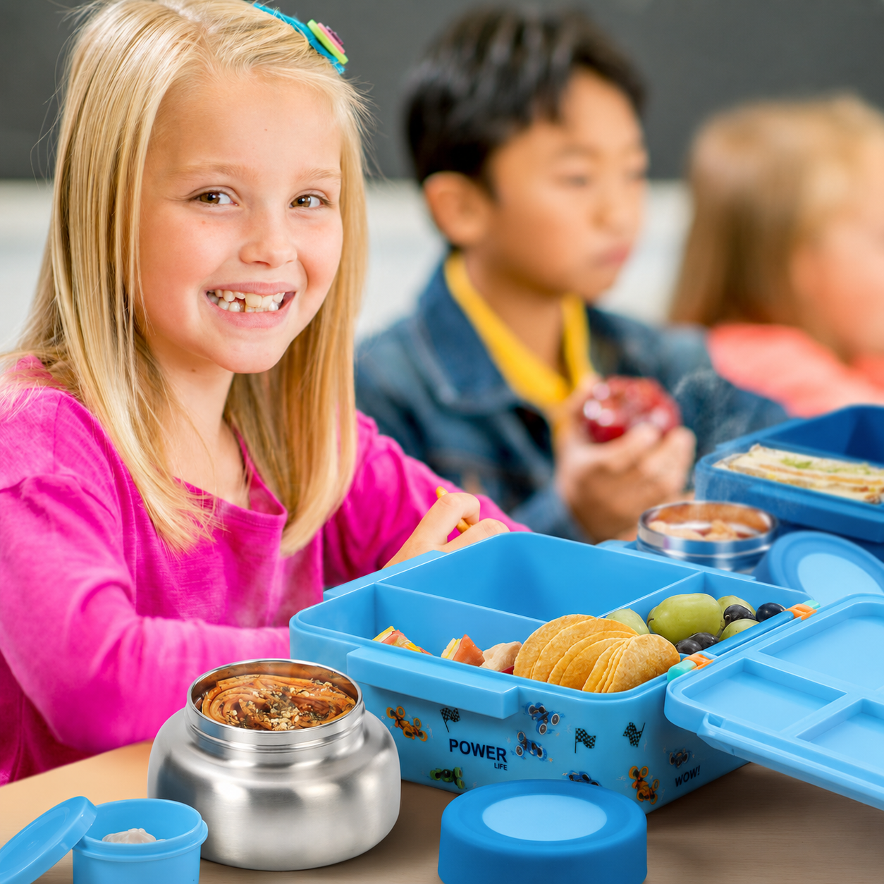 MEHOOM Kids Lunch Box, Leakproof Bento Box for kids with 4 Compartments & 18oz Soup Thermos for Hot Food, kids Insulated Lunch Box Durable, Drop-Proof,BPA-Free Materials(Bule Racing)