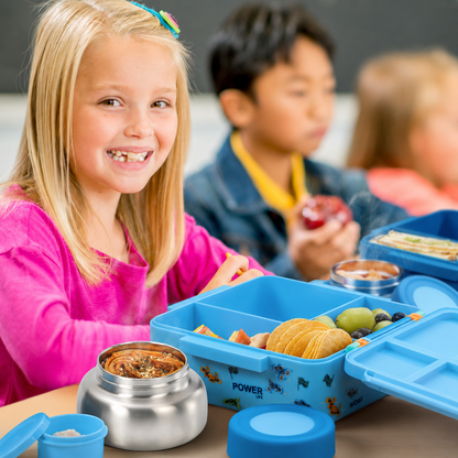 MEHOOM Kids Lunch Box, Leakproof Bento Box for kids with 4 Compartments & 18oz Soup Thermos for Hot Food, kids Insulated Lunch Box Durable, Drop-Proof,BPA-Free Materials(Bule Racing)