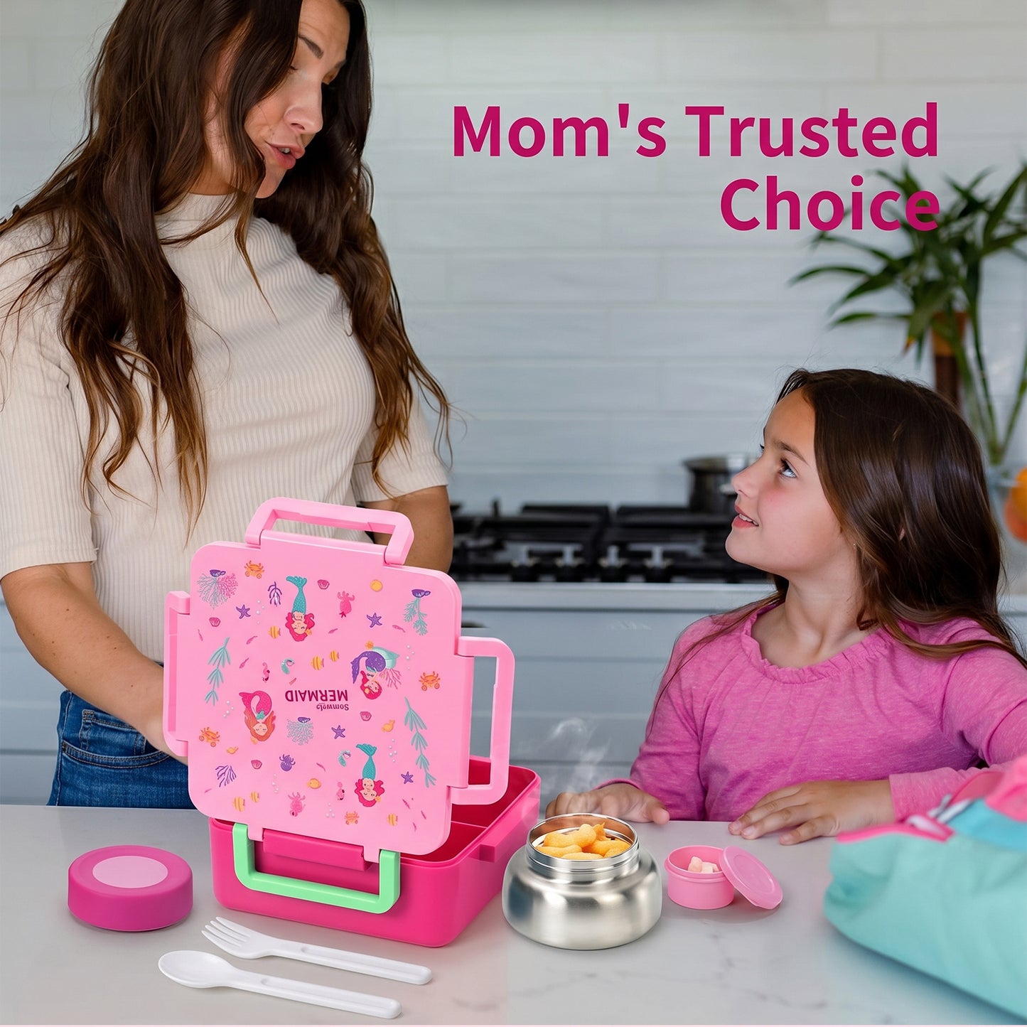 MEHOOM Kids Lunch Box, Leakproof Bento Box for kids with 4 Compartments & 18oz Soup Thermos for Hot Food, kids Insulated Lunch Box Durable, Drop-Proof, BPA-Free Materials (Pink Mermaid)