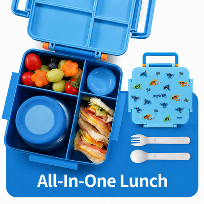 MEHOOM Kids Lunch Box, Leakproof Bento Box for kids with 4 Compartments & 18oz Soup Thermos for Hot Food, kids Insulated Lunch Box Durable, Drop-Proof,BPA-Free Materials(Bule Racing)