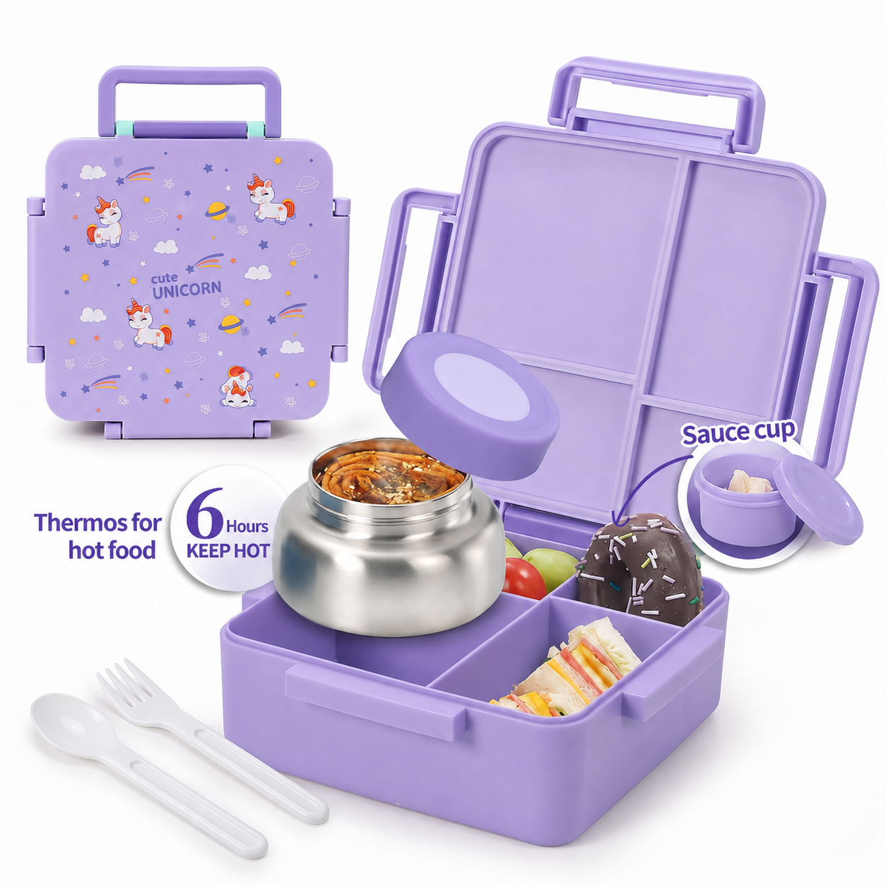 MEHOOM Kids Lunch Box, Leakproof Bento Box for kids with 4 Compartments & 18oz Soup Thermos for Hot Food, kids Insulated Lunch Box Durable, Drop-Proof, BPA-Free Materials(Purple Unicorn)