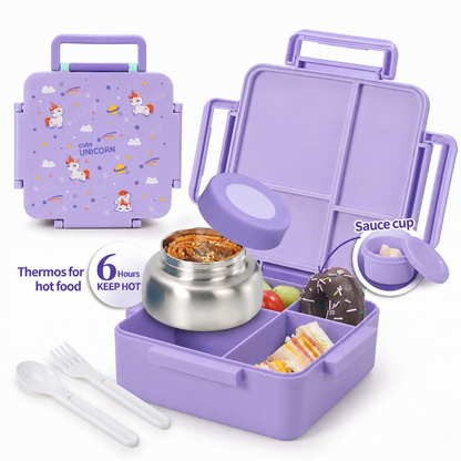 MEHOOM Kids Lunch Box, Leakproof Bento Box for kids with 4 Compartments & 18oz Soup Thermos for Hot Food, kids Insulated Lunch Box Durable, Drop-Proof, BPA-Free Materials(Purple Unicorn)