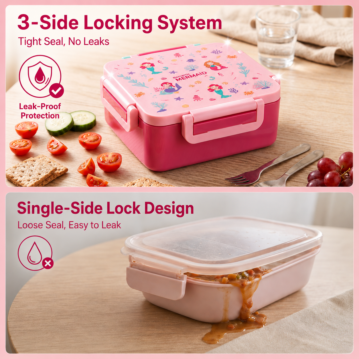 MEHOOM Kids Lunch Box, Leakproof Bento Box for kids with 4 Compartments & 18oz Soup Thermos for Hot Food, kids Insulated Lunch Box Durable, Drop-Proof, BPA-Free Materials (Pink Mermaid)