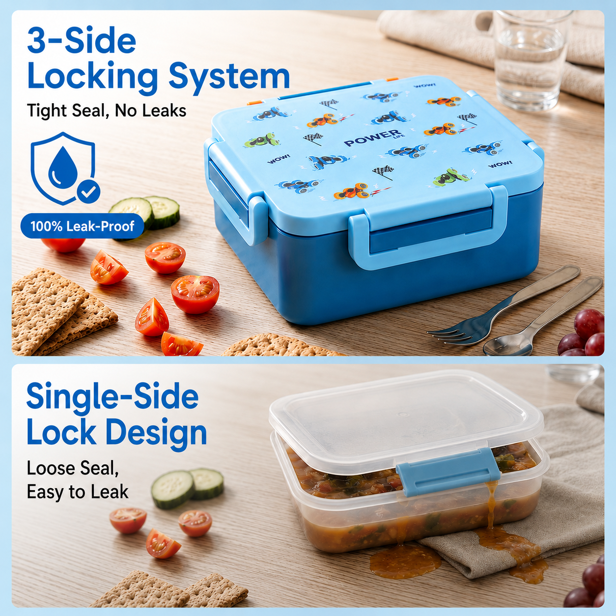 MEHOOM Kids Lunch Box, Leakproof Bento Box for kids with 4 Compartments & 18oz Soup Thermos for Hot Food, kids Insulated Lunch Box Durable, Drop-Proof,BPA-Free Materials(Bule Racing)