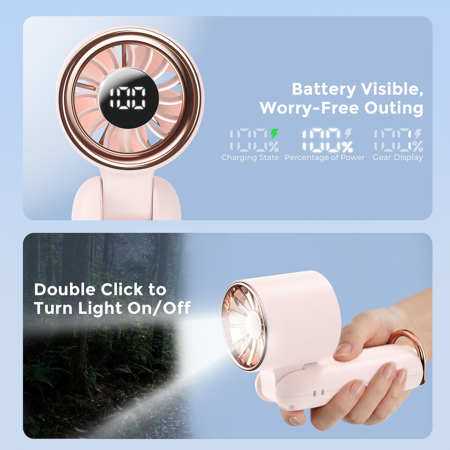 MEHOOM 3 IN 1 Portable Fan, 5000mAh Rechargeable Mini Handheld Fan with 100 Speeds Air Turbo Personal Fan for Indoor Outdoor Travel (Pink)