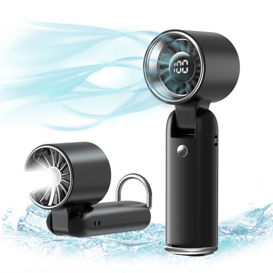 MEHOOM Portable Handheld Fan, 5000mAh Desk Fan with Flashlight, 180° Adjustable, 5 Speed Wind, Display Electricity in Real Time, USB Rechargeable for Outdoor Activities, Travel, Beach (Black)