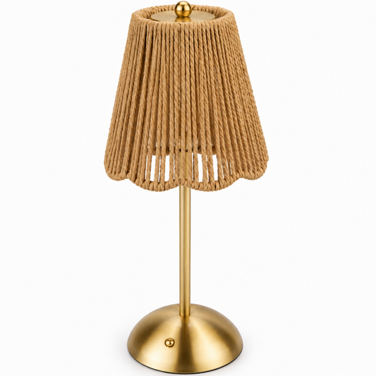 MEHOOM 12" Cordless Indoor Rattan & Gold Colored Table Lamp with Touch Switch/3 Colors Dimmer, Rechargeable & Portable Small Bedside Lamp for Bedroom, Living Room, Restaurant, Kitchen