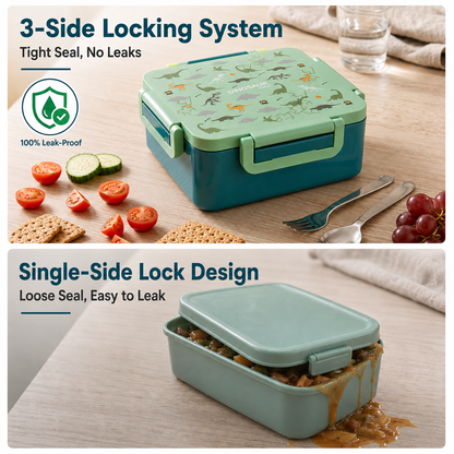 MEHOOM Kids Lunch Box, Leakproof Bento Box for kids with 4 Compartments & 18oz Soup Thermos for Hot Food, kids Insulated Lunch Box Durable, Drop-Proof, BPA-Free Materials (Green Dinosaur)
