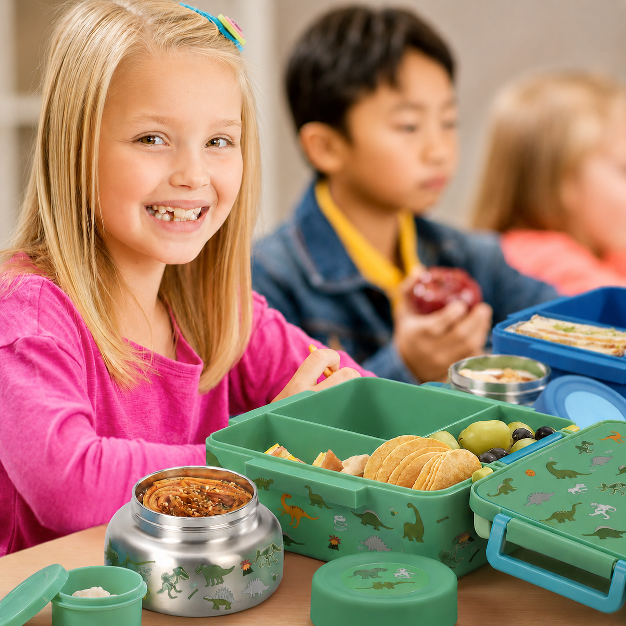 MEHOOM Kids Lunch Box, Leakproof Bento Box for kids with 4 Compartments & 18oz Soup Thermos for Hot Food, kids Insulated Lunch Box Durable, Drop-Proof, BPA-Free Materials (Green Dinosaur)