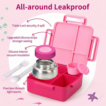 MEHOOM Kids Lunch Box, Leakproof Bento Box for kids with 4 Compartments & 18oz Soup Thermos for Hot Food, kids Insulated Lunch Box Durable, Drop-Proof, BPA-Free Materials (Pink Mermaid)