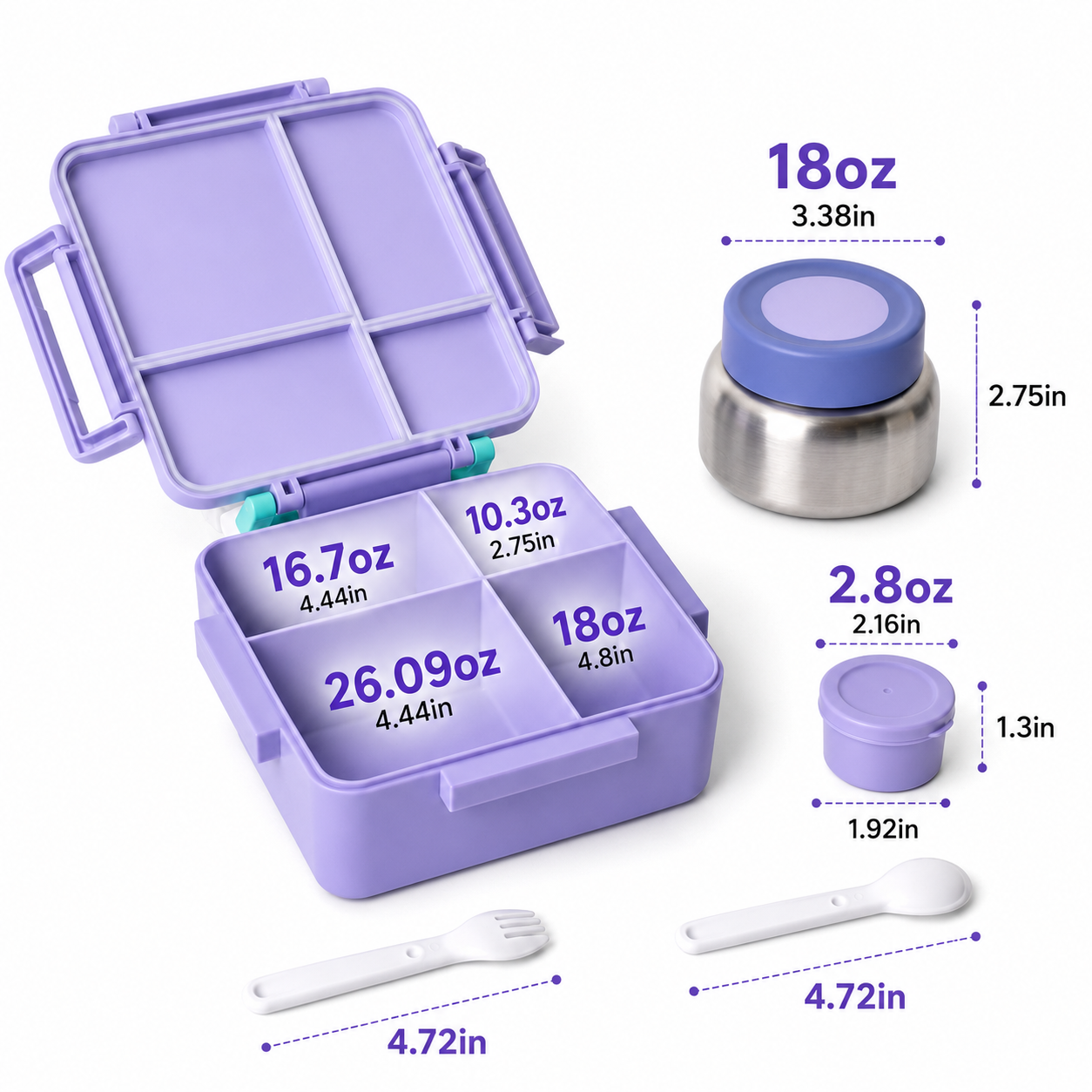 MEHOOM Kids Lunch Box, Leakproof Bento Box for kids with 4 Compartments & 18oz Soup Thermos for Hot Food, kids Insulated Lunch Box Durable, Drop-Proof, BPA-Free Materials(Purple Unicorn)