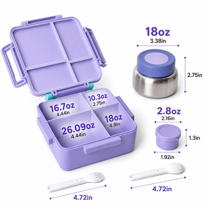 MEHOOM Kids Lunch Box, Leakproof Bento Box for kids with 4 Compartments & 18oz Soup Thermos for Hot Food, kids Insulated Lunch Box Durable, Drop-Proof, BPA-Free Materials(Purple Unicorn)