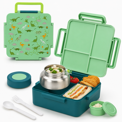 MEHOOM Kids Lunch Box, Leakproof Bento Box for kids with 4 Compartments & 18oz Soup Thermos for Hot Food, kids Insulated Lunch Box Durable, Drop-Proof, BPA-Free Materials (Green Dinosaur)