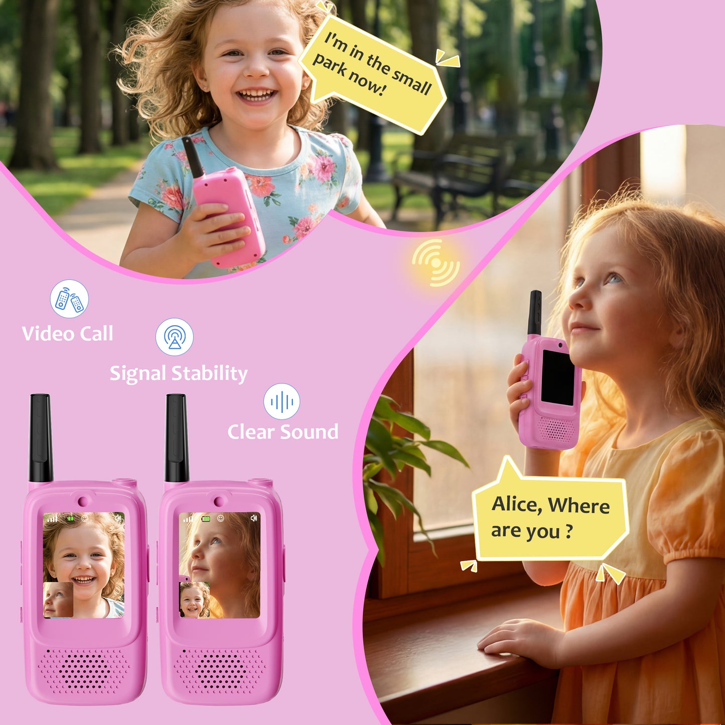 METIYEA Video Walkie Talkies for Kids, 2-Pack Rechargeable Walkie Talkies with Camera, Long Range Two-Way Radios for Boys & Girls Ages 3–12, Indoor Outdoor Play, Camping & Birthday Gift (Pink/Pink)