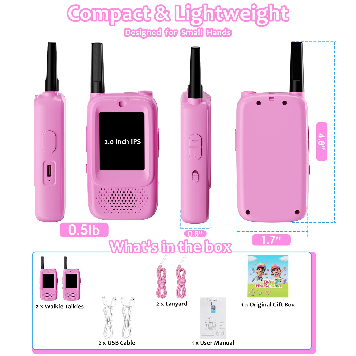 METIYEA Video Walkie Talkies for Kids, 2-Pack Rechargeable Walkie Talkies with Camera, Long Range Two-Way Radios for Boys & Girls Ages 3–12, Indoor Outdoor Play, Camping & Birthday Gift (Pink/Pink)