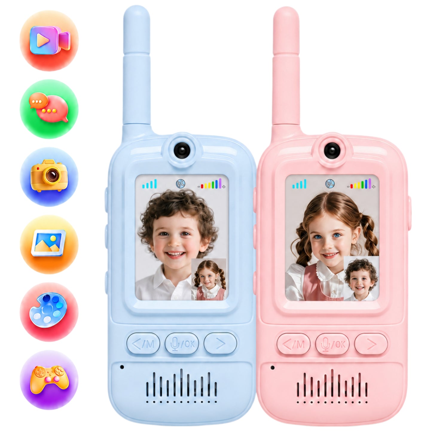 Multifunctional Video Walkie Talkies for Kids, Rechargeable Walkie Talkies with Camera & Message Storage, Long-Range Two-Way Radios for Indoor Outdoor Play, Boys & Girls Ages 3–12(Blue/Pink)