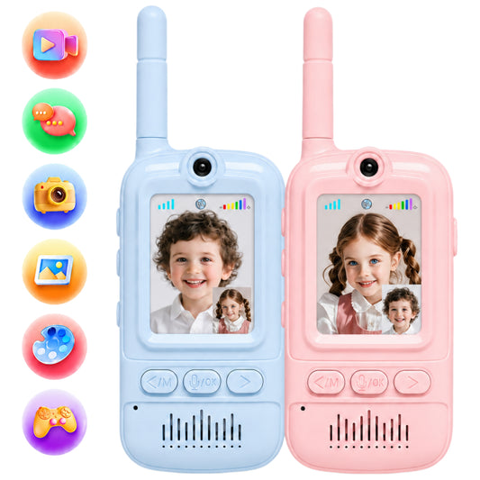 Multifunctional Video Walkie Talkies for Kids, Rechargeable Walkie Talkies with Camera & Message Storage, Long-Range Two-Way Radios for Indoor Outdoor Play, Boys & Girls Ages 3–12(Blue/Pink)