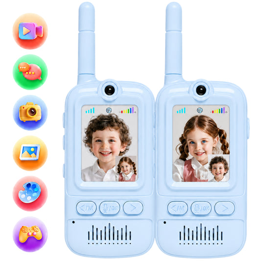 Multifunctional Video Walkie Talkies for Kids, Rechargeable Walkie Talkies with Camera & Message Storage, Long-Range Two-Way Radios for Indoor Outdoor Play, Boys & Girls Ages 3–12 (Blue/Blue)
