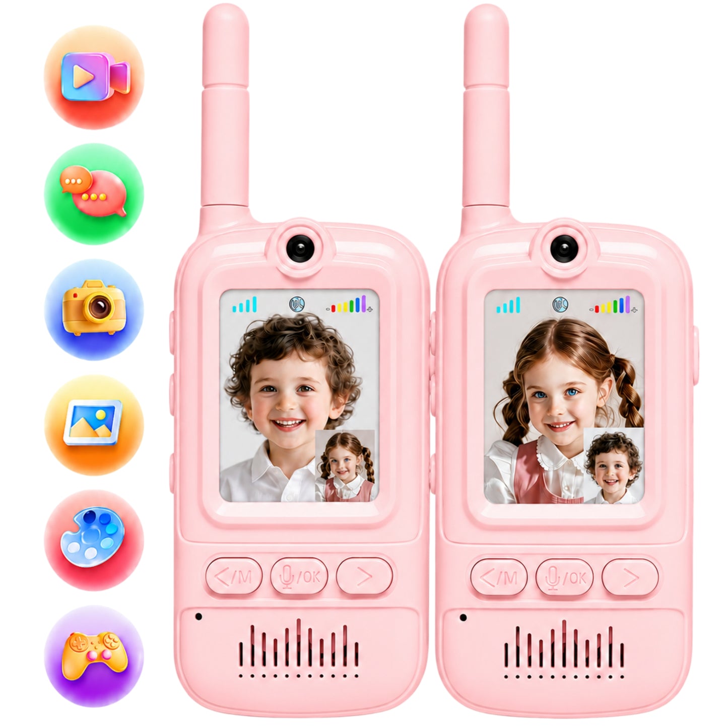 Multifunctional Video Walkie Talkies for Kids, Rechargeable Walkie Talkies with Camera & Message Storage, Long-Range Two-Way Radios for Indoor Outdoor Play, Boys & Girls Ages 3–12 (Pink/Pink)