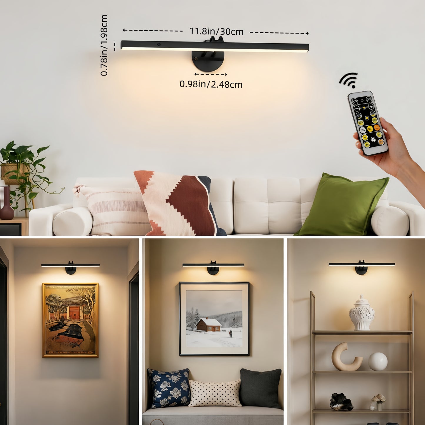 MEHOOM Rechargeable Cordless Wall Light with Controller and Timer, Dimmable 5400mAh Wall Lights Battery Operated for Wall , Wall Decor, Picture Lights for Artworking, Portrait Dartboard - Black