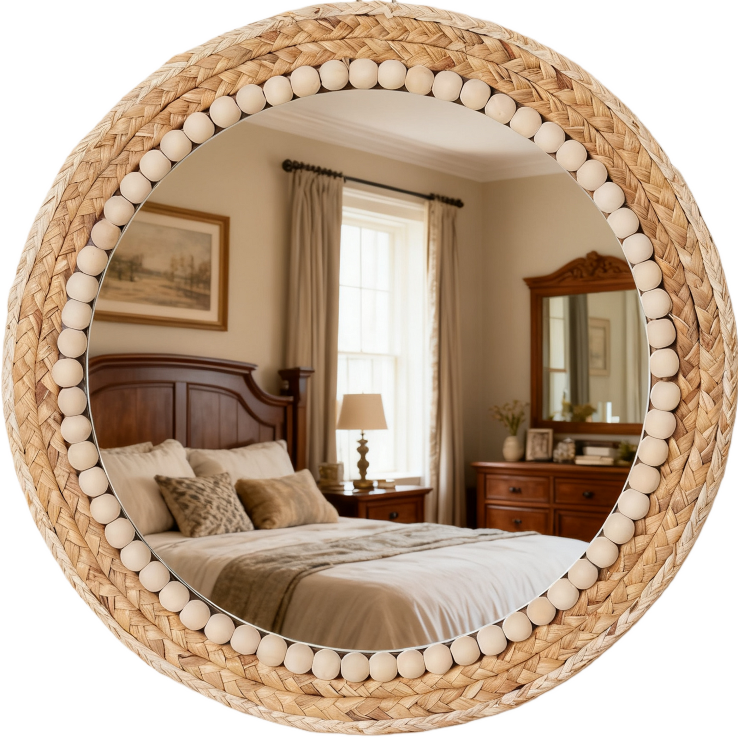 MEHOOM 17" Round Wall Mirror, Boho Hanging Round Mirror, Wall Decor for Bedroom, Bathroom, Living Room, Beige