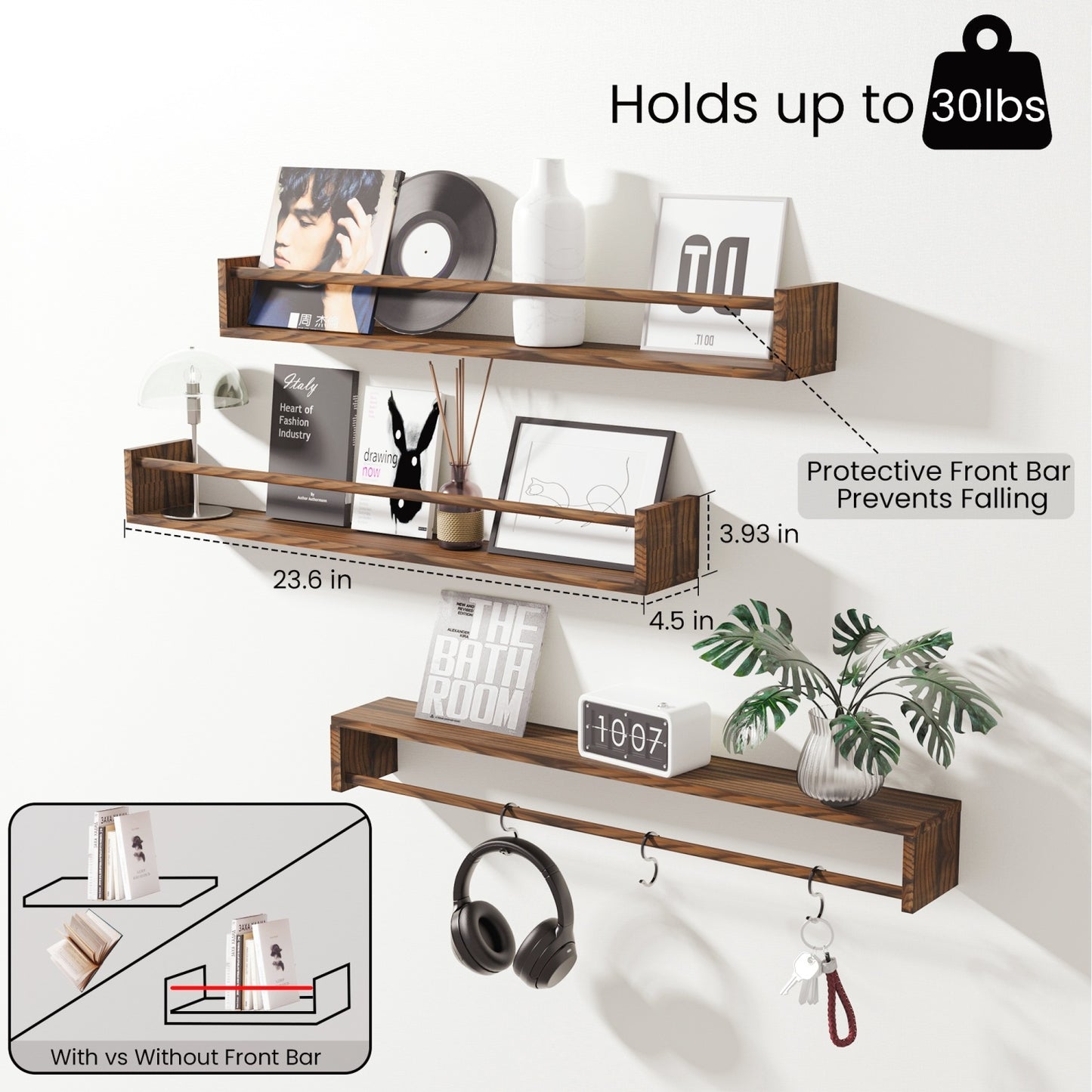 MEHOOM 24" Rustic Solid Book Shelves for Wall Set of 3, Floating Shelves for Bathroom,Kids Room,Bedroom,Living Room,Kitchen,Study Room,Torched Wood Wall Shelves Farmhouse Decor