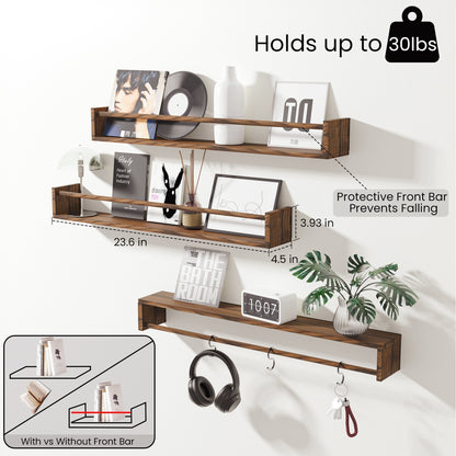 MEHOOM 24" Rustic Solid Book Shelves for Wall Set of 3, Floating Shelves for Bathroom,Kids Room,Bedroom,Living Room,Kitchen,Study Room,Torched Wood Wall Shelves Farmhouse Decor